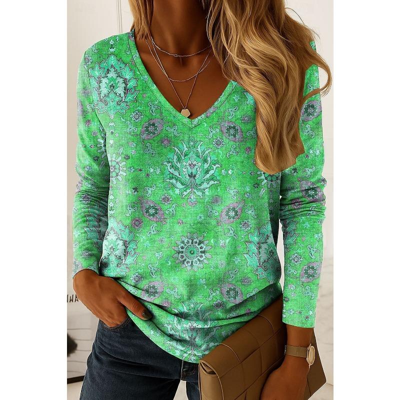 Vintage Women's T-Shirt Graphic Paisley Elegant Fashion Tee Long Sleeve T-shirts V-Neck Regular Tops Pullover Fall Winter
