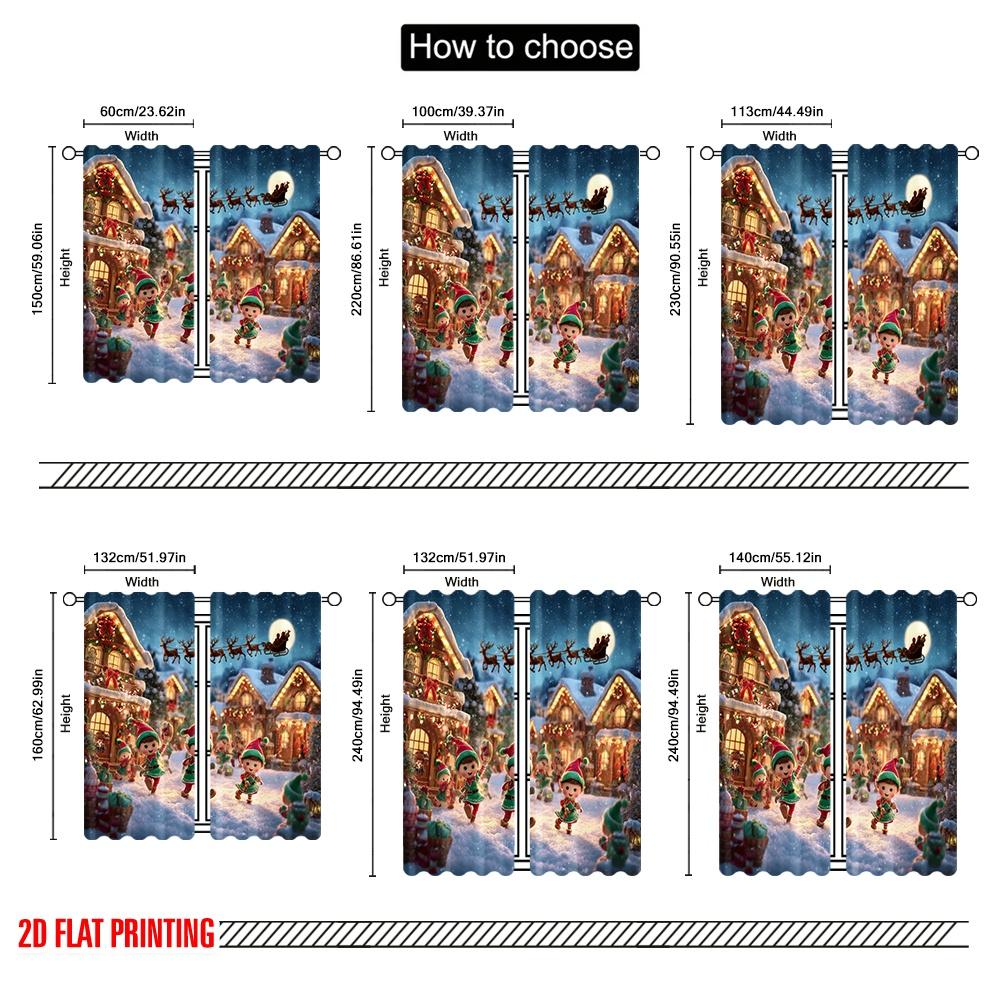 2pcs,2D Plane Printing Curtains Digital Printed Joyful Elves Playing In a Festive Light Versatile 100% Polyester (without Rod)