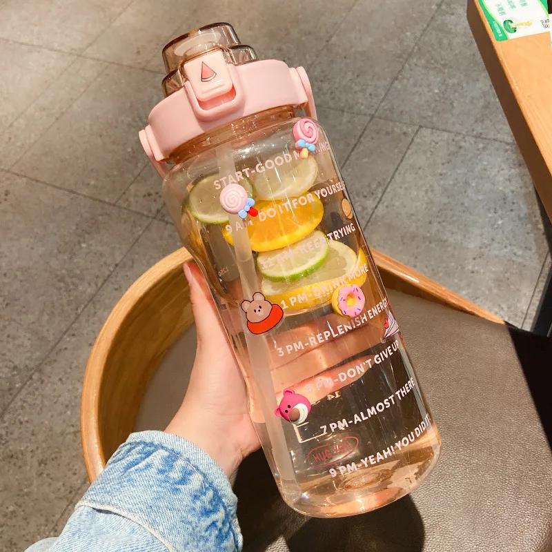 2L Sports Straw Water Bottle with Stickers Portable Large Capacity Fitness Bike Cup Summer Ice Cold Water Jug with Time Marker