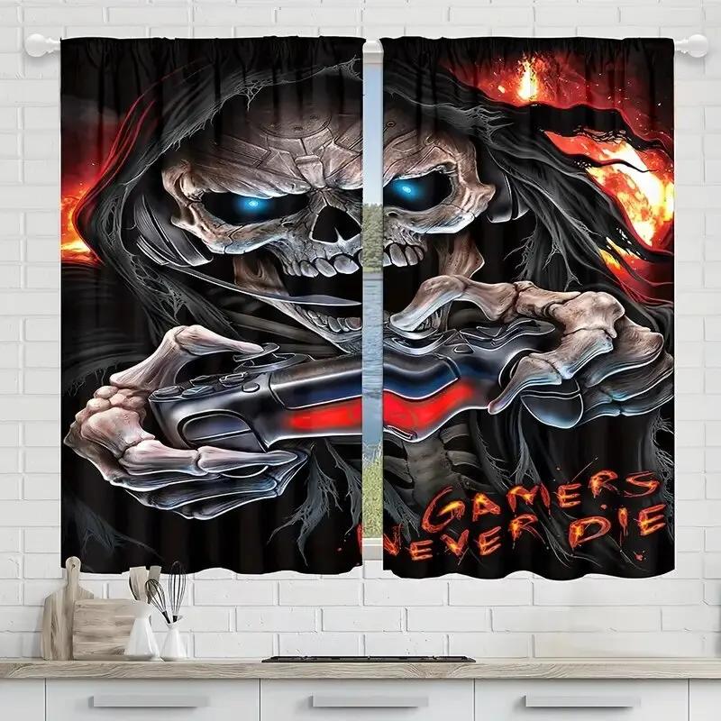 Set Of 2 Halloween Skull Pattern Printed Curtains Window Decorations Home Room Curtain Polyester