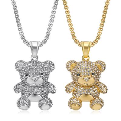 Hot-selling Hip-Hop Jewelry Titanium Steel Gold-plated Diamond-studded Bear Pendant Necklace