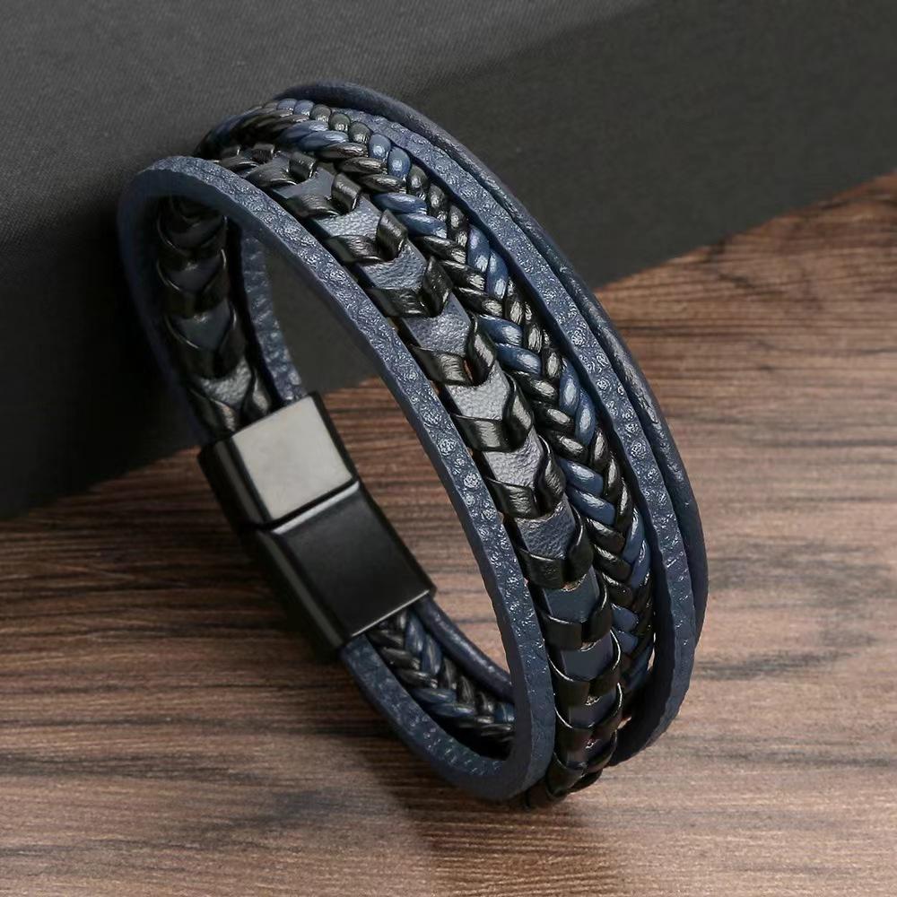 1 Men's Wish Stainless Steel Leather Bracelet With Curved Pu Leather Woven Bracelet For Travel Wear And Accessories-805091