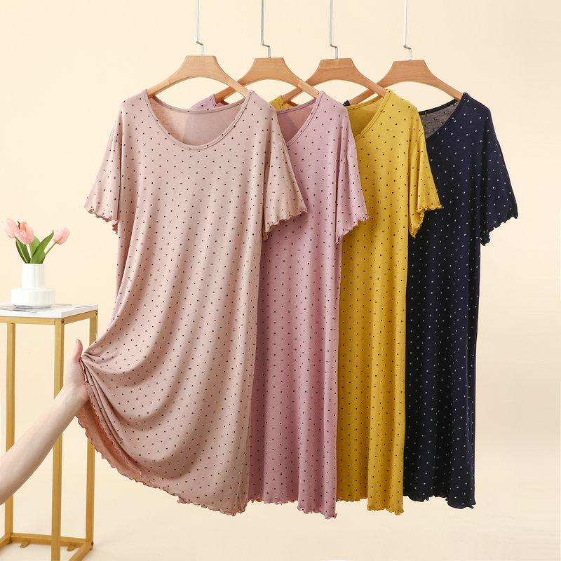 Damen Sommer Modal Pünktchen Rüschen Kurzarm Midi Kleid Übergröße Schmeichelnd Lockerer Schnitt Nachthemd Lässiges Nachthemd Loungewear Kleider