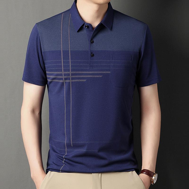 Sommer Herren Revers Kurzarm T-Shirt für junge und mittlere Männer Gestreifte Oberteile Taschenversion Dünne Halbarm Casual Herren Kurzarm