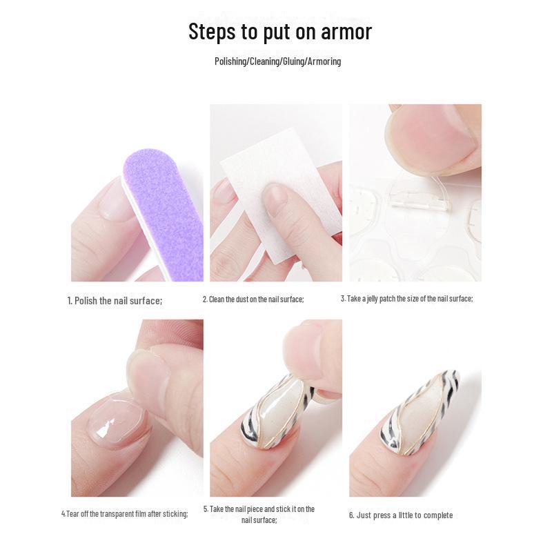 Nail Art Kit: Doppelseitiger Gelee-Kleber, Holzfeile, Alkoholtupfer und Zubehör.