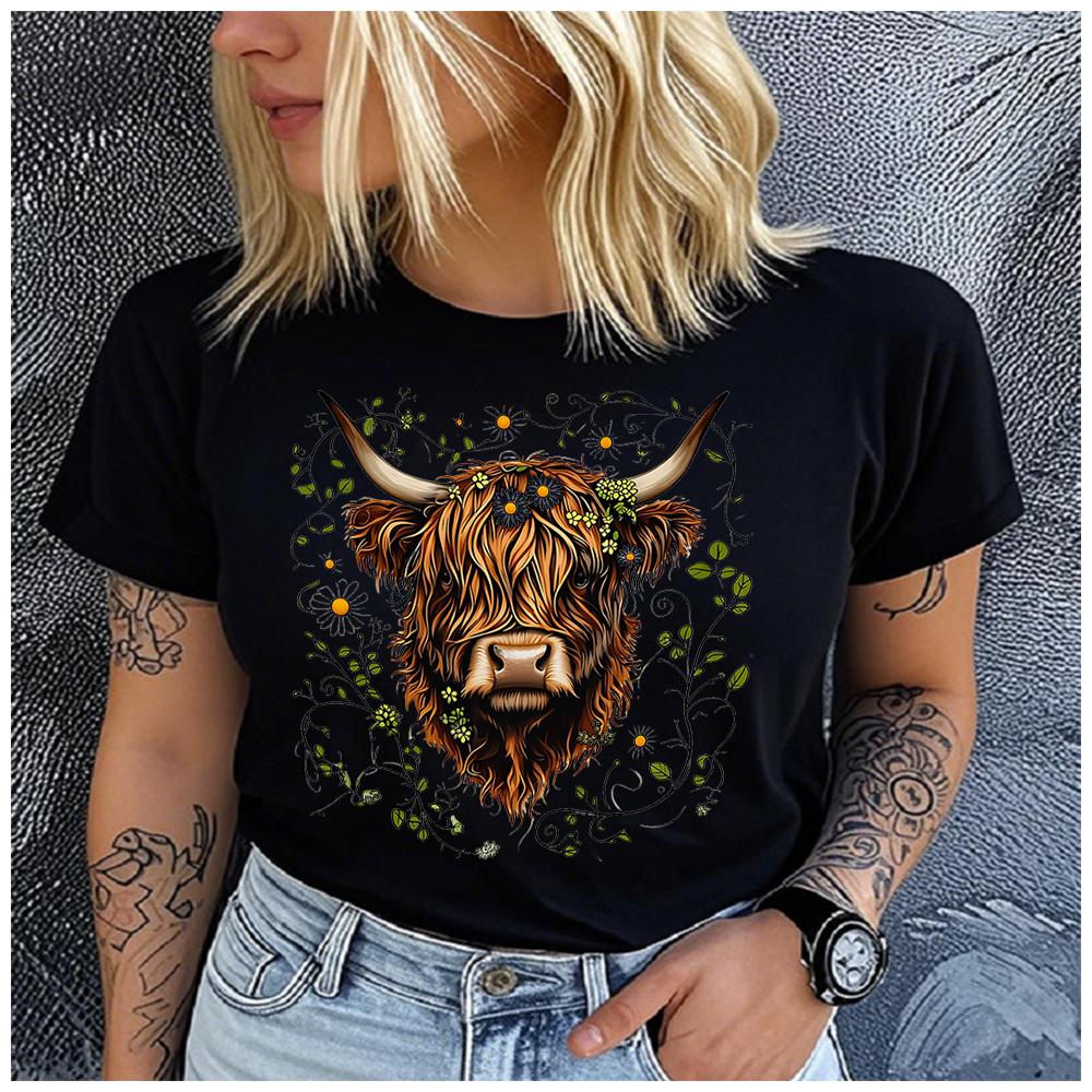 Womens Cotton Cute Yak Print Tshirt Loose round Neck Casual Short Sleeve Fashion Top Wholesale Clothing Summer