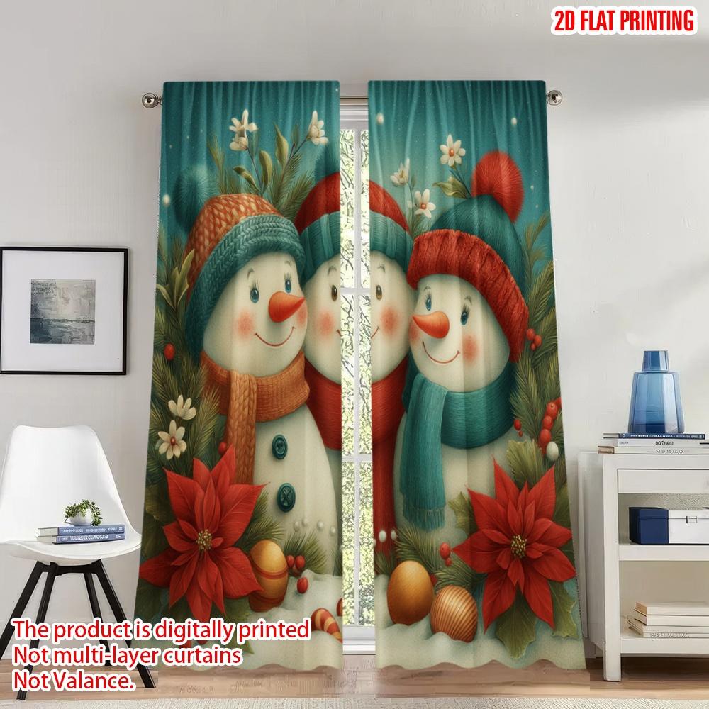 

Set Of 2 Flat Printing Christmas Hot Party Curtains Snowmen Poinsettia Garland Digital Printed Polyester Drapes Holiday Curtain W100*H70(CM)-Rod Pocket&2PCS