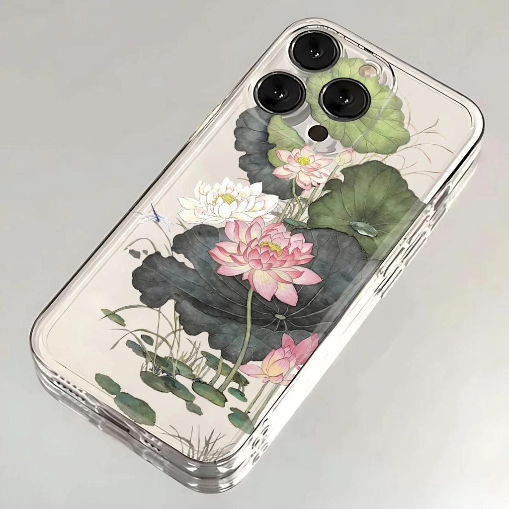 Chinese Ink Wash Lotus Bird Clear Phone Case for iPhone 17 16 15 14 13 12 11 16E Series Pro Max Plus Double Layer Protection