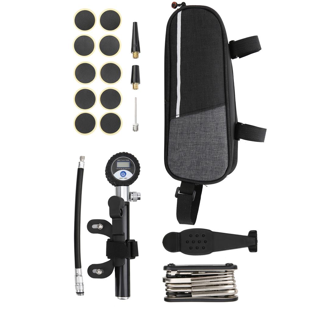 Zestaw narzędzi do naprawy opon rowerowych, przenośny, outdoor, cyfrowa pompka, igła do pompowania, łatki naprawcze, zestaw kluczy