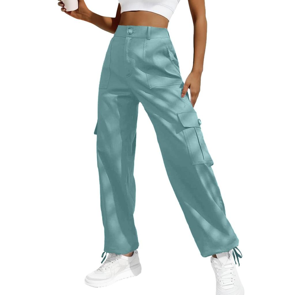 Women  Elastic High Waist Pant Casual Active  Fit Wide Leg Long Pants Trousers With Pockets