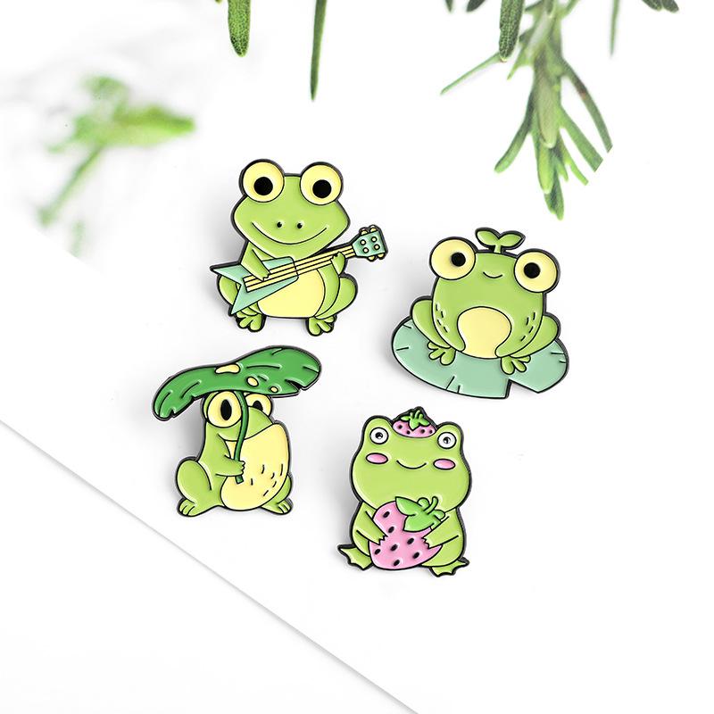 Frog Cute Unique Playing Music Brooch Beautiful Strawberry Accented Pin Alloy