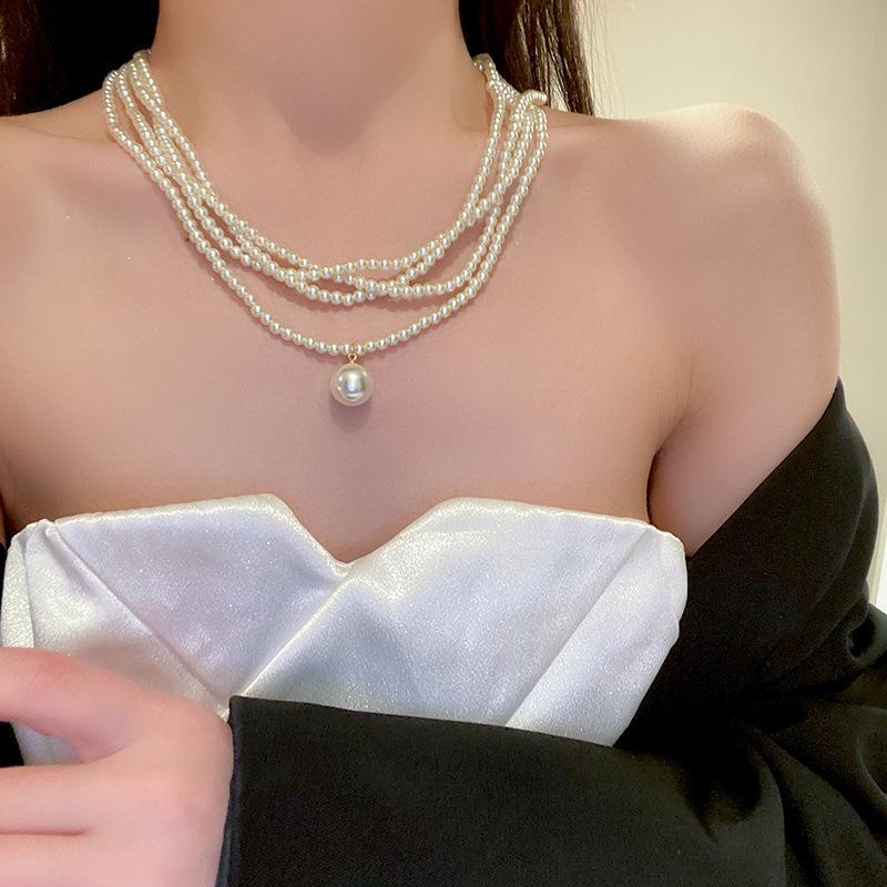 French Light Luxury Diamond-encrusted Artificial Pearl Necklace Retro Court Style Collarbone Chain Niche High-end Jewelry Women