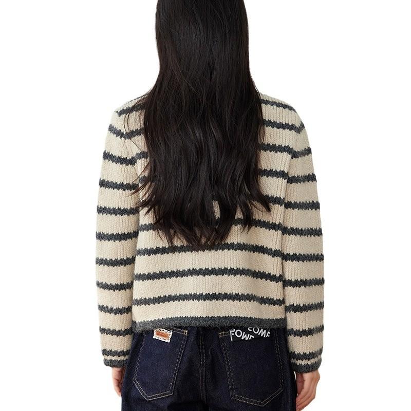 Striped Knitted Cardigan for Women In Autumn and Winter Ox Horn Button Lazy Style Sweater Cardigan New Round Neck Inner Base Shirt