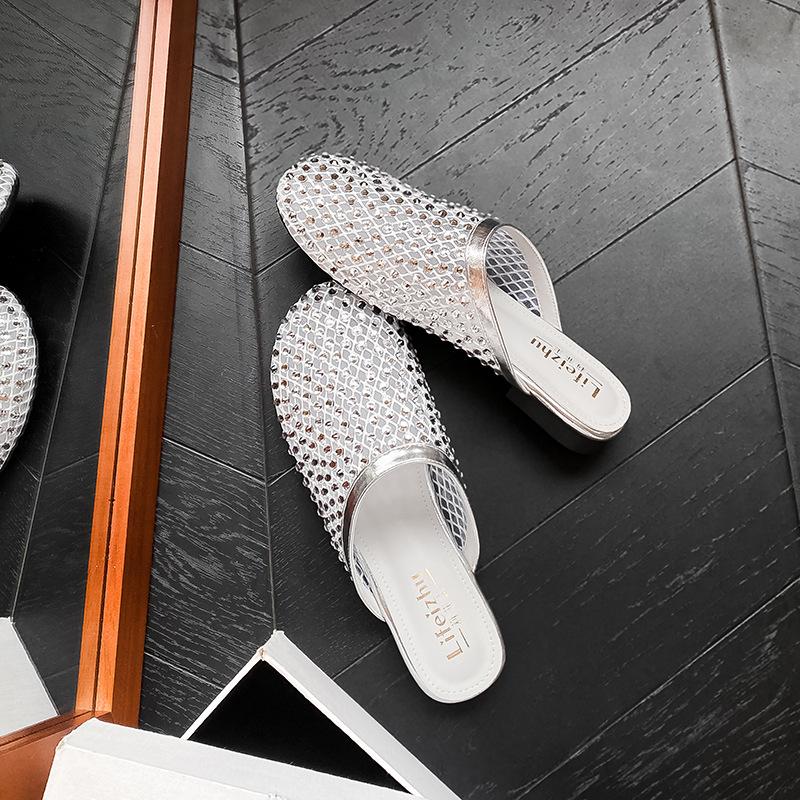 

Fashion Summer Rhinestone Size 43 Shoes for Women 2025 New Comfortable Mesh Hollow Half Slippers Women Luxury Mary Jane Flat Shoes 43
