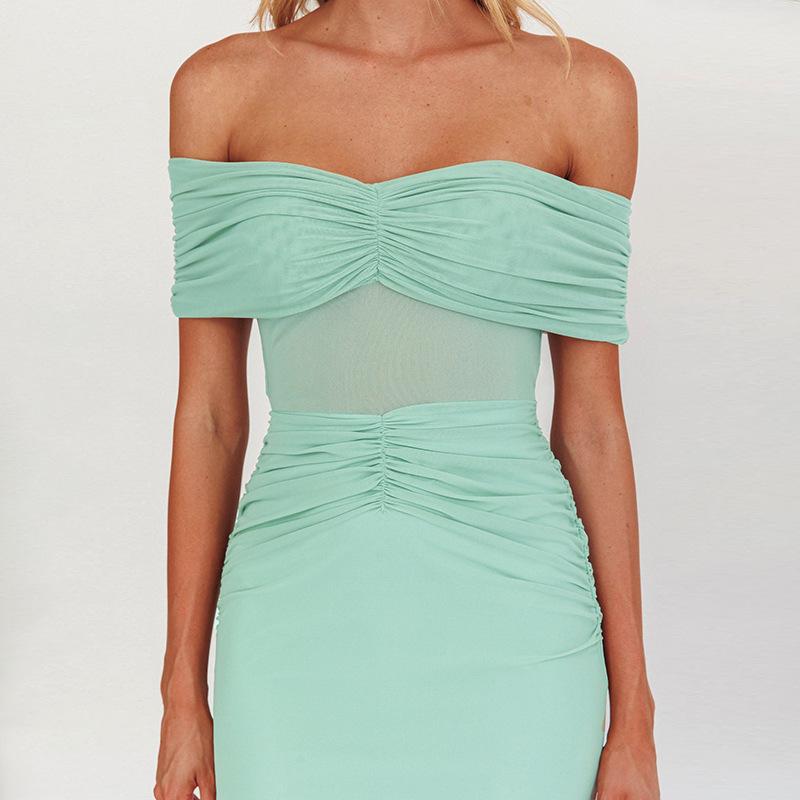 J11DS010 European and American Hot-selling Solid-color Tube Top Off-the-shoulder Mesh Pleated Slim-fitting Long Dress Dress