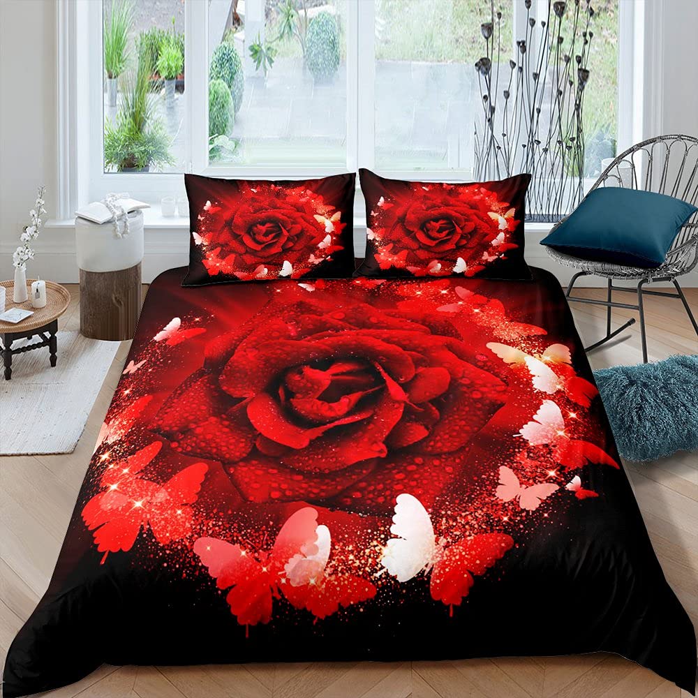 Ensemble Housse de Couette Rose Rouge Ensemble de Literie Imprimé Fleur de Rose Style Romantique Frais Taille King Housse de Couette avec Taies d'Oreiller pour Amoureux