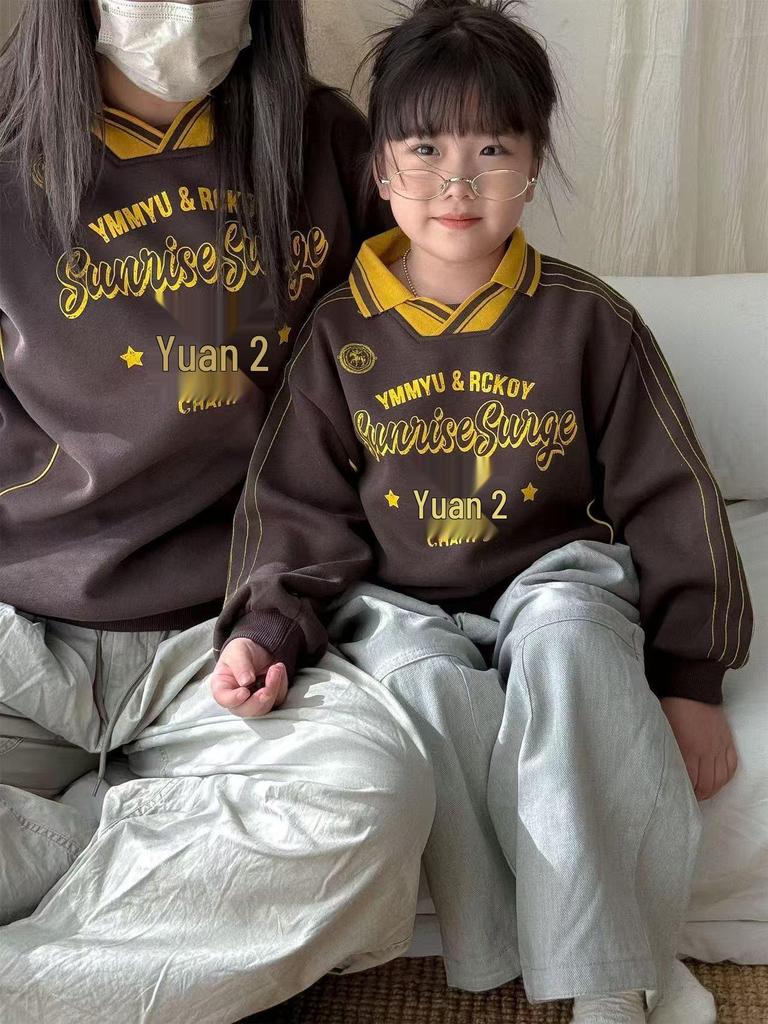 Korean Style Family Matching Autumn V-Neck Sweatshirts: Color Block for Mother-Son or Mother-Daughter