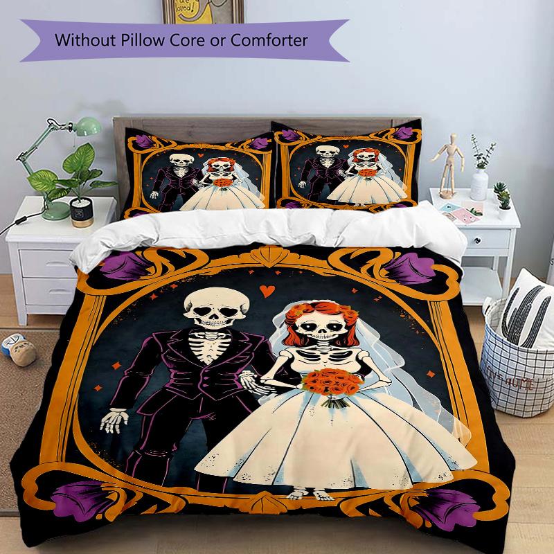 3pcs Day of the Dead Wedding Printed Quilt Set, Includes 1 Quilt Cover and 2 Pillowcases 135x200cm