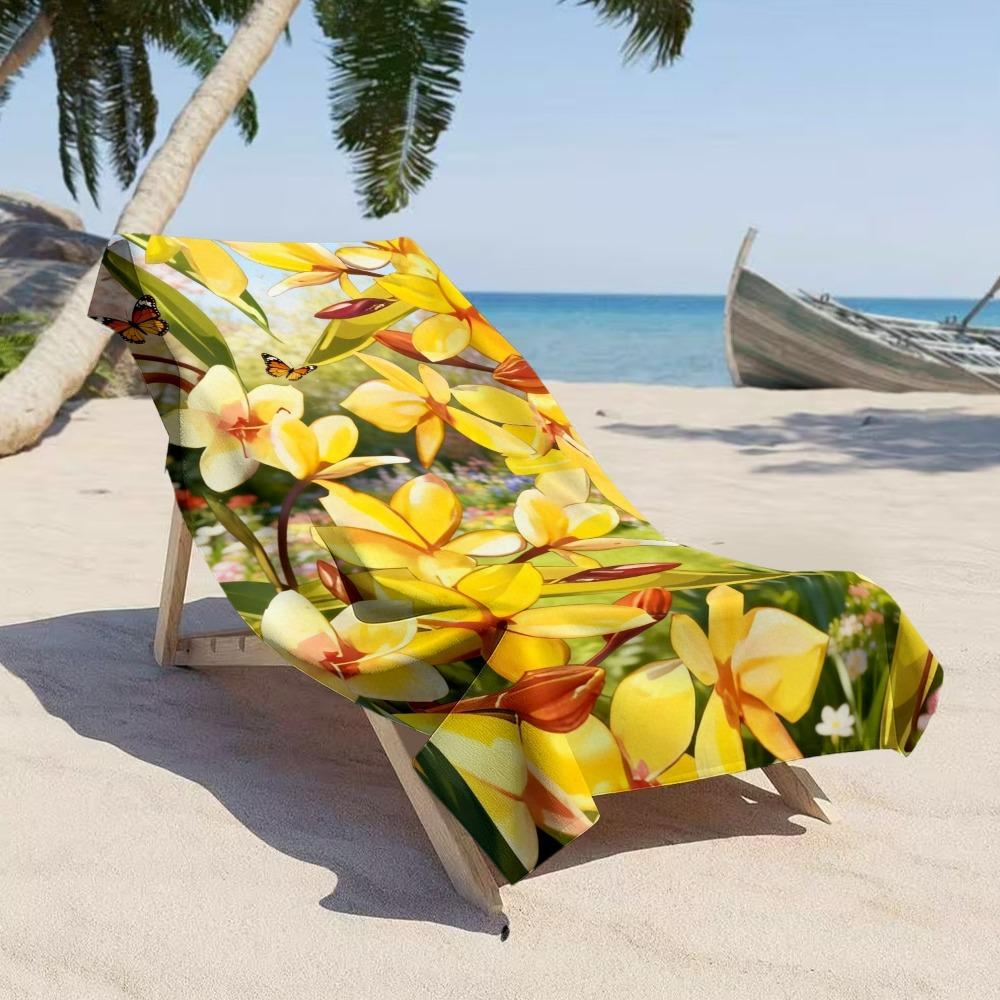 Ka Chen Muda Yellow Fresh Summer Beach Towel, Bright Plumeria With Butterflies Print Bath Towel, Lush Tropical Beach Blanket 1Pcs