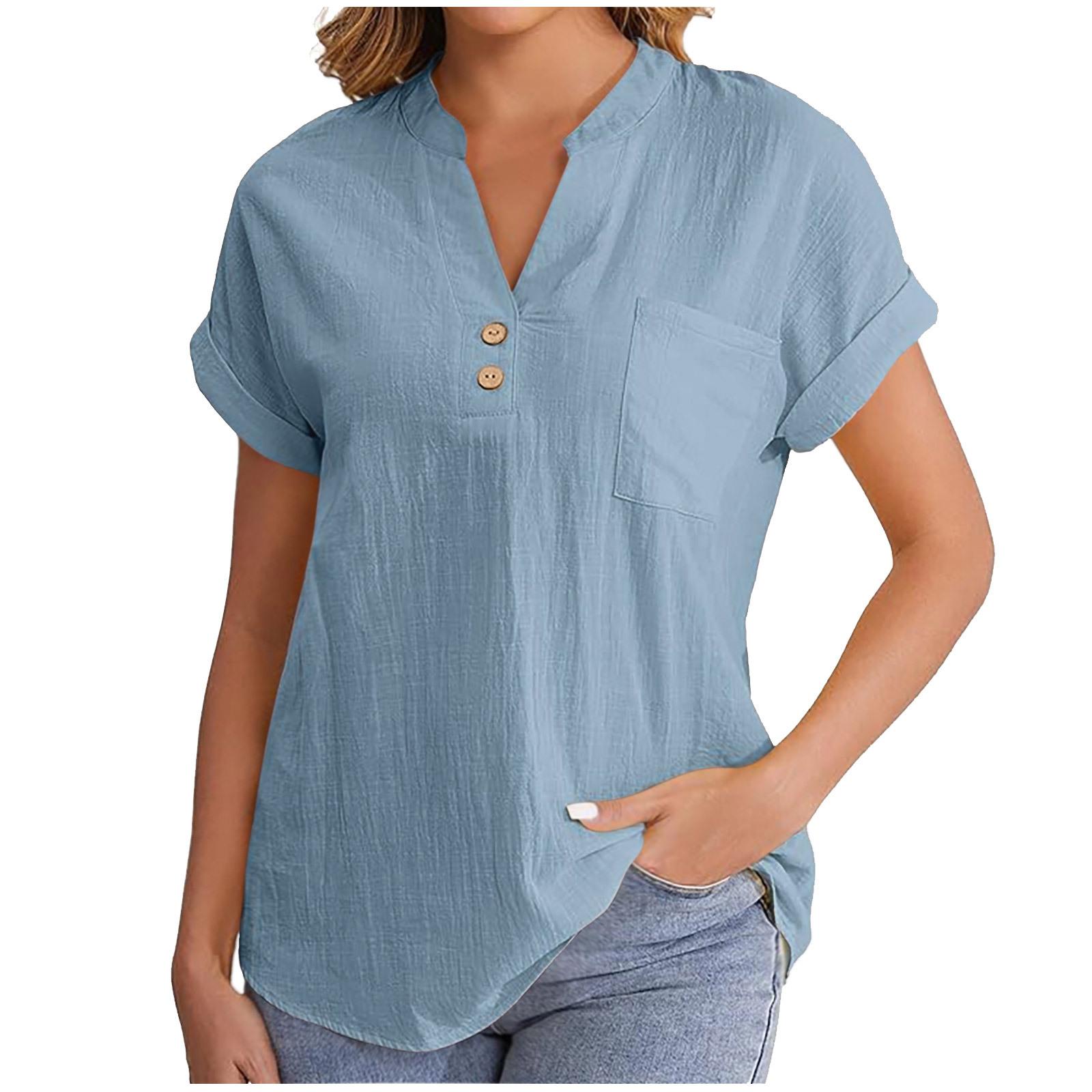 

Women s Solid Color V-neck Short Sleeve Button Shirt In Breathable Cotton Linen with Washed Wrinkle, Fashionable European/American Style XXL небо синє кольору