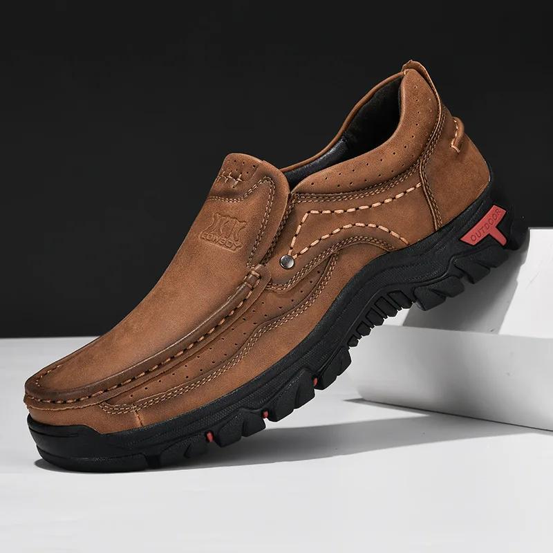 Fashion Handmade Leather Men Shoes Casual Outdoor Slip On Loafers Men Leather Shoes Flats Moccasins Walking Shoes Non-Slip Dropshipping