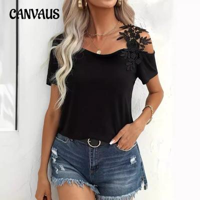Ladies Summer New Solid Colour Splicing Fashion Lace T-Shirt Top