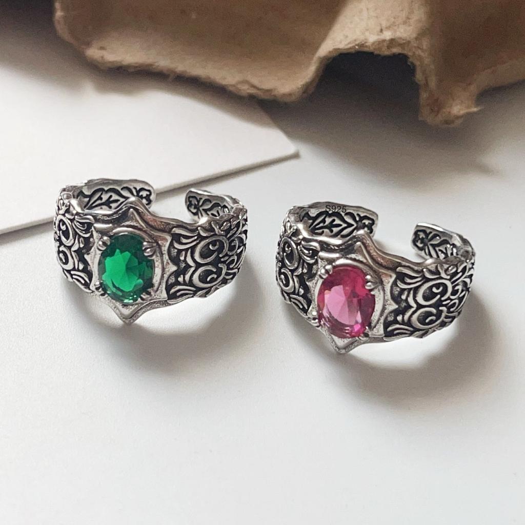 Xiaomi 925 Sterling Silver Rings For Women Geometric Fine Jewelry Finger Adjustable Vintage Green Stone Ring For Party Birthday Gift