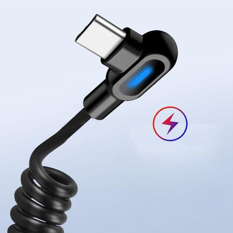 1 Stück 90-Grad-Winkel Auto USB C auf Typ C Schnellladekabel 6A Kurzes Spiral-Datenkabel für Telefon Xiaomi Ladekabel