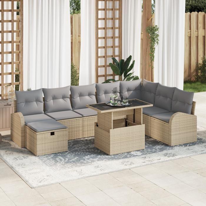 VidaXL Ensemble de Canapé de Jardin 9 Pièces avec Coussins Beige Rattan Poly 3359777