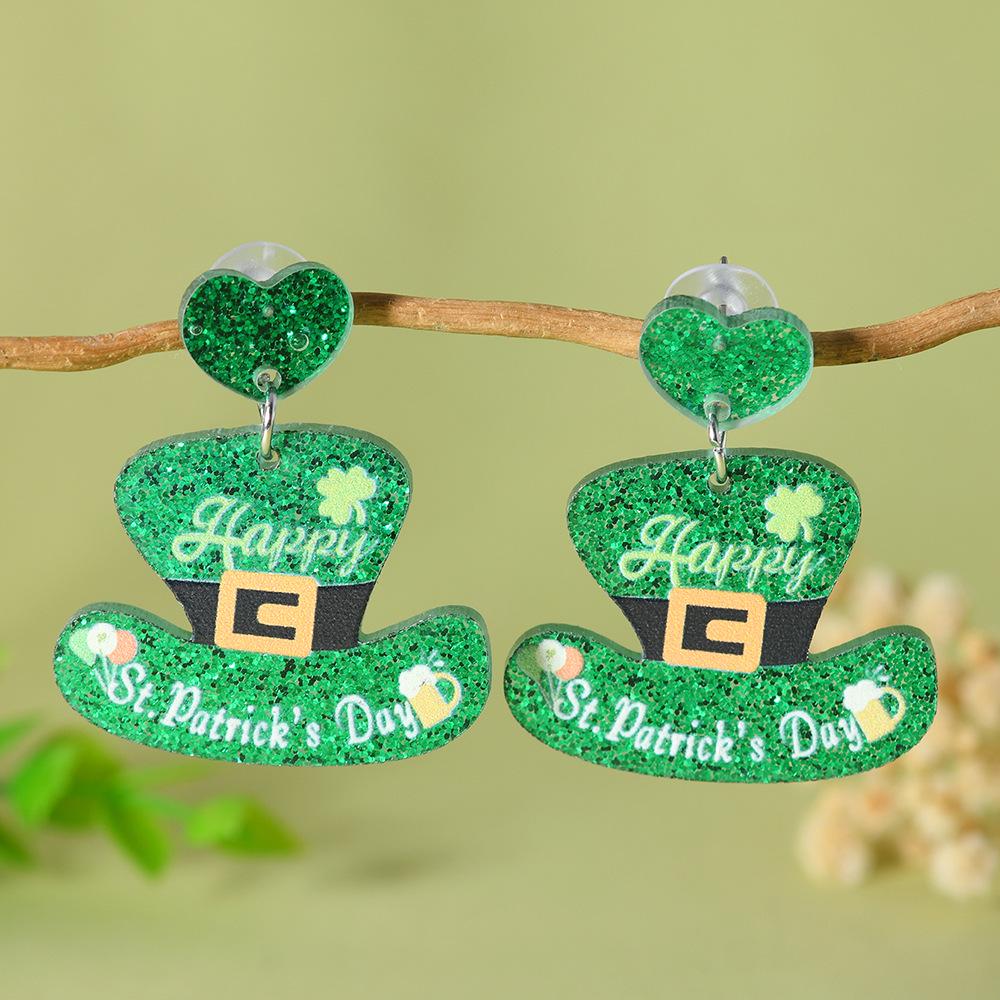 St. Patrick s Day Shamrock Green Hat Acrylic Earrings