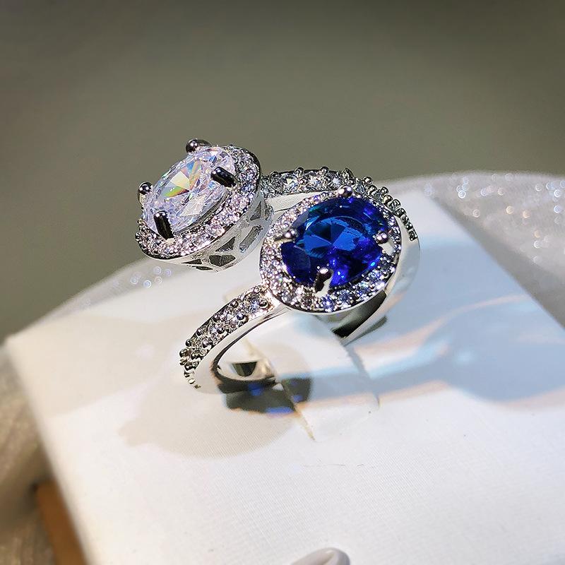 Oval Two-color Stitching White Sapphire Rings for Women Drop Ring Luxury Noble S Sterling Copper Opening Adjustable