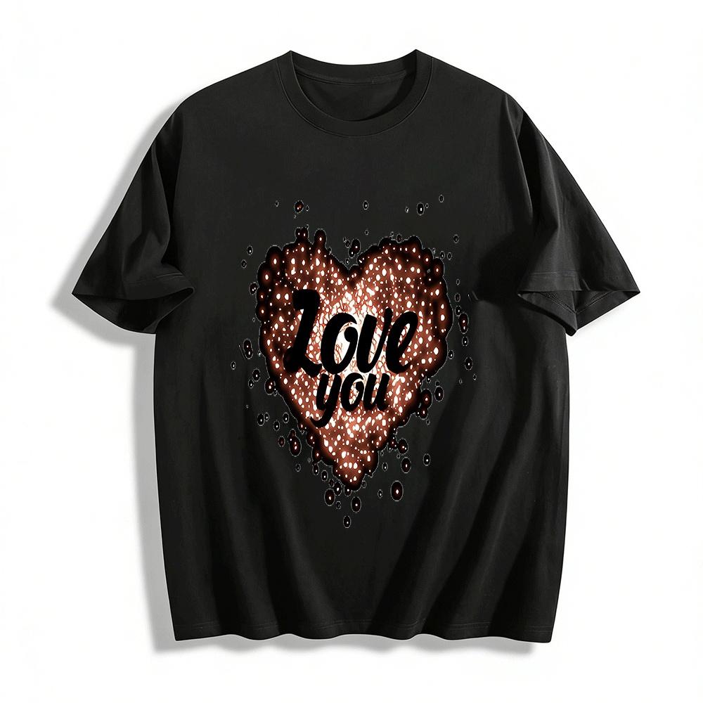 Love You Heart Print Casual Tee Romantic Valentine s Day Couple Top Pure cotton T-shirt XXS