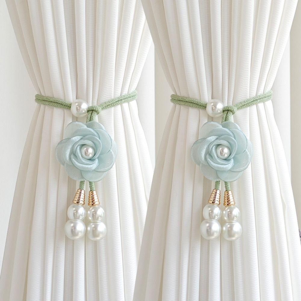 2PCS Adjustable Pearl Curtain Buckle Elegant Curtains Tie Rope Camellia Curtain Tieback  Living Room