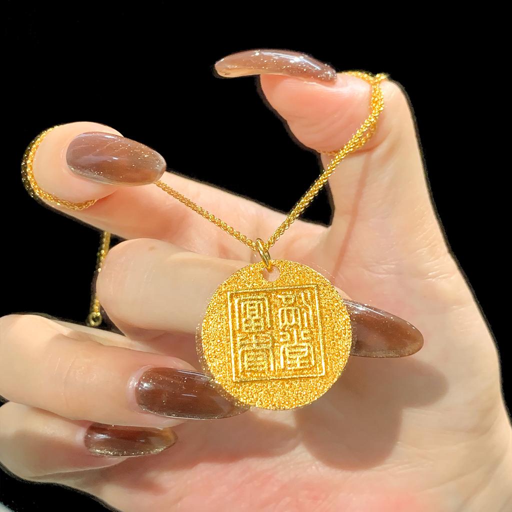 Luxury 24K 9999 Pure Gold Real Gold Women's Ancient Filigold Round Embossed Peony Pendant Necklace