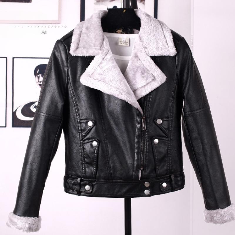 Pu Leather Women's Winter Short Motorcycle Jacket Big Lapel Long-sleeved Plus Velvet Thick Leather Jacket Women