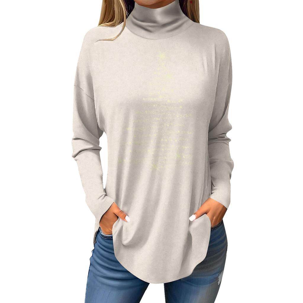 Women's Fashionable Loose-Fit High-Neck T-Shirt With Christmas Print Long-Sleeved Top