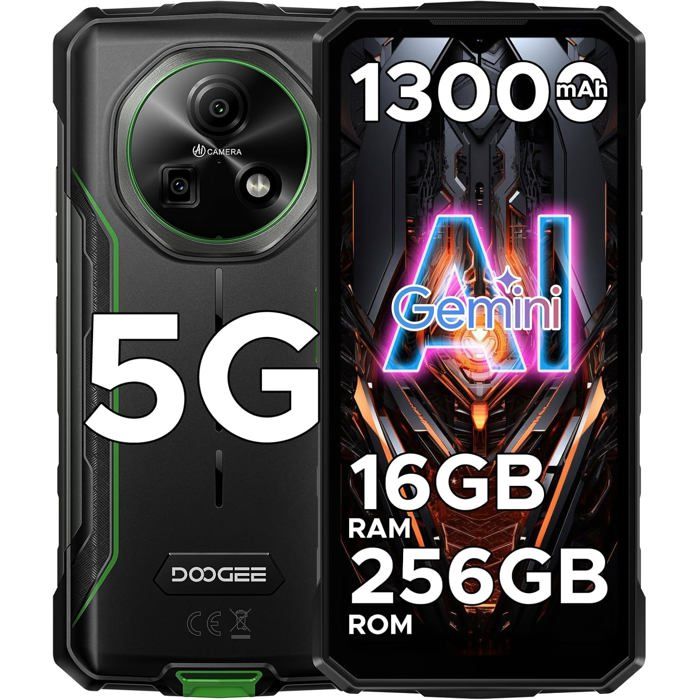DOOGEE Fire 7 Telephone Portable Incassable 5G 16Go+256Go Smartphone Robuste Android 15 6.6" 13000mAh 64MP Double SIM/NFC/GPS Vert