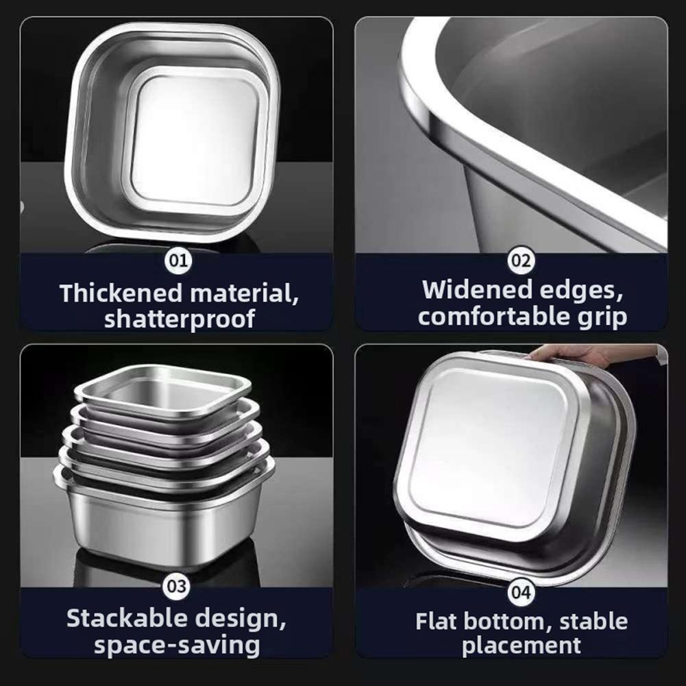 Stainless Steel Square Bowl 20cm 22cm 24cm Silver Kitchen Storage Container For Washing Vegetables Serving Soup Mixing Dough