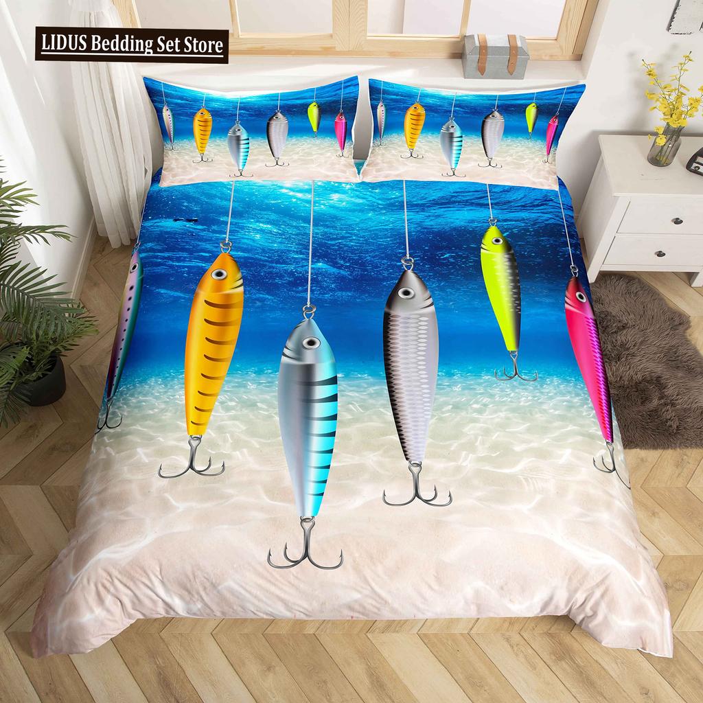 Fisch Bettbezug Set Ozean Bettwäsche Sets 3D Gedruckte Unterwasserwelt Mit Hai Delfin Korallenriff Muster Bettdeckenbezug Set 2/3tlg