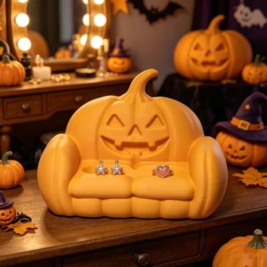Baizihuahu Pumpkin Jewelry Storage Ornament, 3D Printed Halloween Sofa Shape, Handicrafts for Rings Earrings Table Decoration