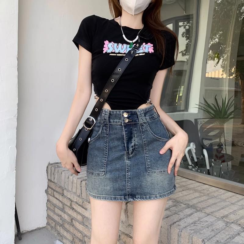 

2025 Summer Retro High Waist Denim Mini Skirt for Women - Slimming, Versatile Bodycon Design Large синій