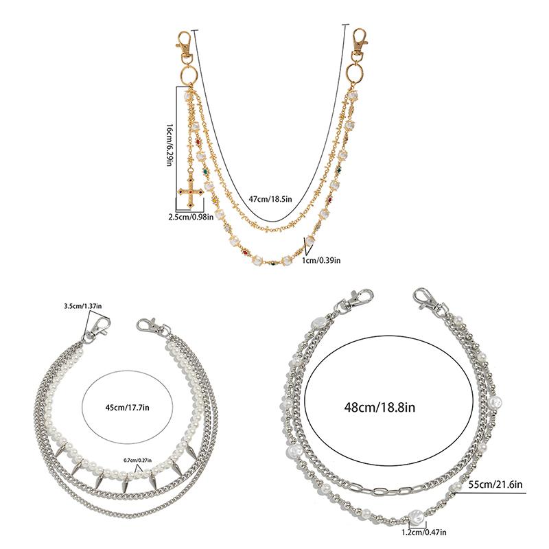Exquisite Luxury Cross Pendant Imitation Pearl Pants Chain For Men Punk Trousers Chain Hip Hop Jeans Chain Clothing Accessories