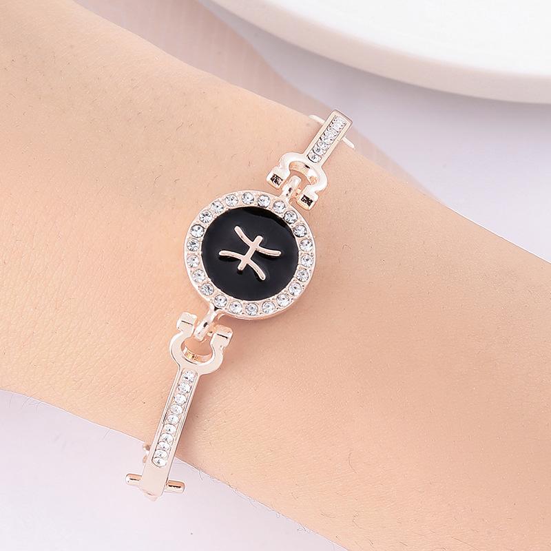 12 Zodiac Signs Bracelet for Women, Rose Gold Plated Inlaid Diamond Constellation Bangle, Fashion Couple Jewelry Gift