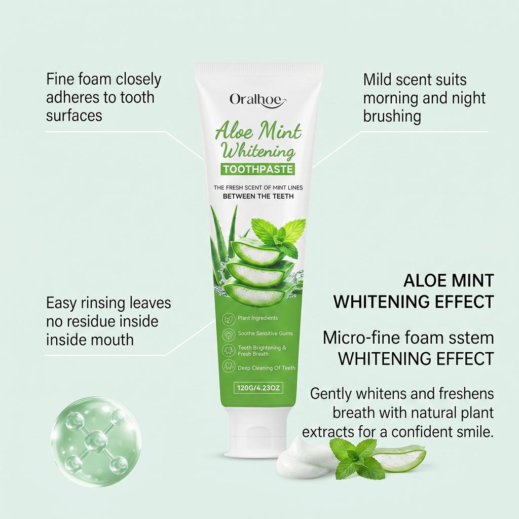 ORALHOE Aloe Vera Mint Whitening Toothpaste with Botanical Extracts, Gentle Clean, Gum Care, Fresh Breath