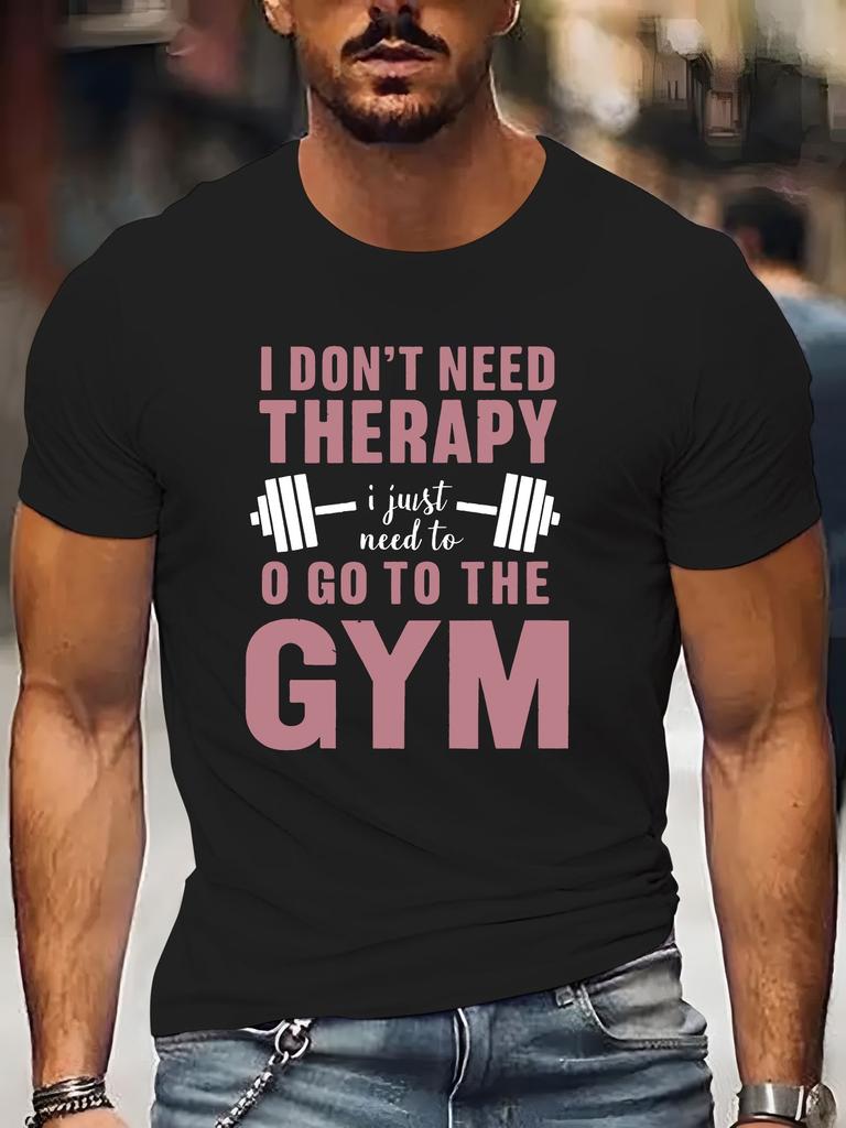 Unisex Black Tee Therapy Gym Dumbbell Funny Quote Text Graphic Print Crew Neck Short Sleeve Summer Casual Male Cotton Street Top
