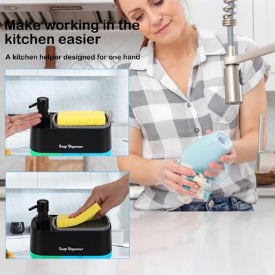 Hand Soap Dispenser and Dishwasher Set Refillable Detergent Sponge Holder Countertop Plastic Soap Pump Dispensers for Kitchen