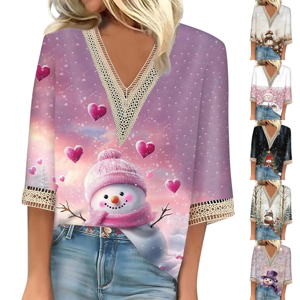 Women's Loose Casual Three-quarter Sleeve V-neck Lace Loose Christmas Print T-shirt Top