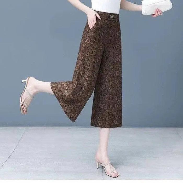 

High-Waisted Summer Jacquard Wide-Leg Cropped Pants for Women - Stylish, Loose, Casual Fit M кавовий