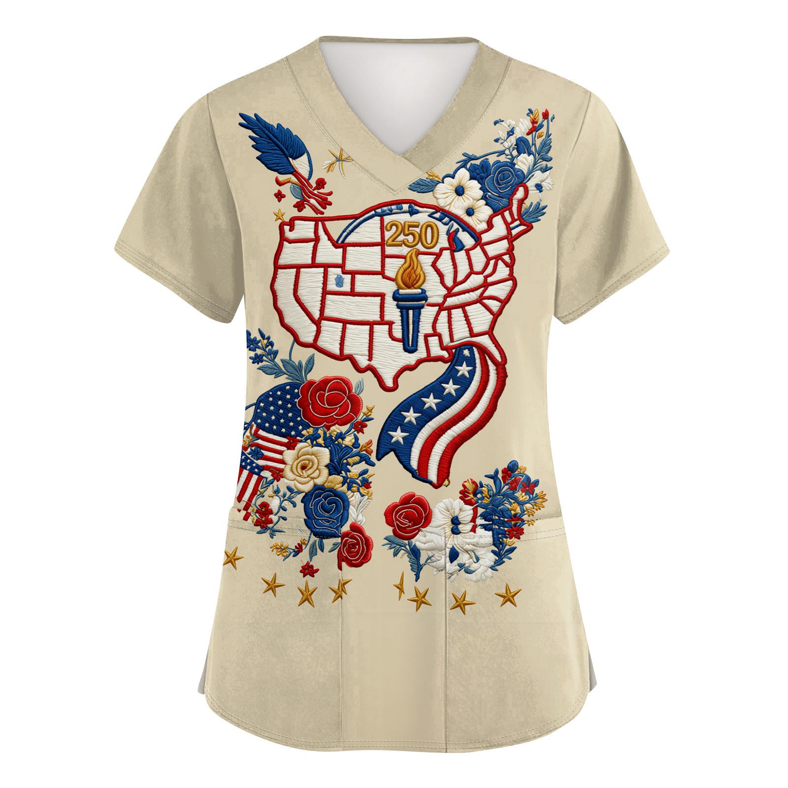 

Женский топ с коротким рукавом, принтом ко Дню независимости, V-образным вырезом, карманом, рабочая одежда XL хаки