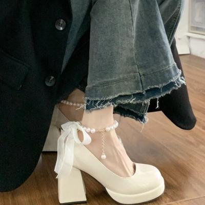 Chaussures Lolita Femmes Japonaises Mary Jane à Talons Chaussures Femmes Rétro Nœud Perle Bride Cheville Talon Haut Plateforme Chaussure Femme
